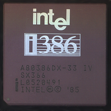 An Intel 80386 microprocessor Ic-photo-intel-A80386DX-33-IV-(386DX).png