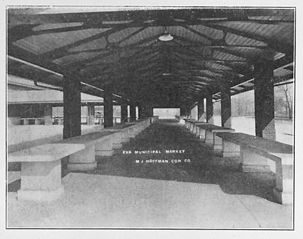 Internal view of Evansville Municipal Market with merchants' wares displayed. Im-iumed-iph-1918-v21n6g3.jpg