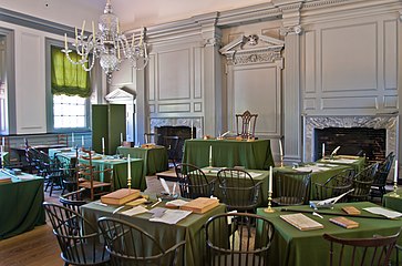 The historic room in Independence Hall, Philadelphia, where delegates drafted the Constitution of the United States in the summer of 1787. The Constitution is the supreme law of the land. It prescribes the form and authority of the federal government, and ensures the fundamental freedoms and rights of the citizens of the country through the Bill of Rights.