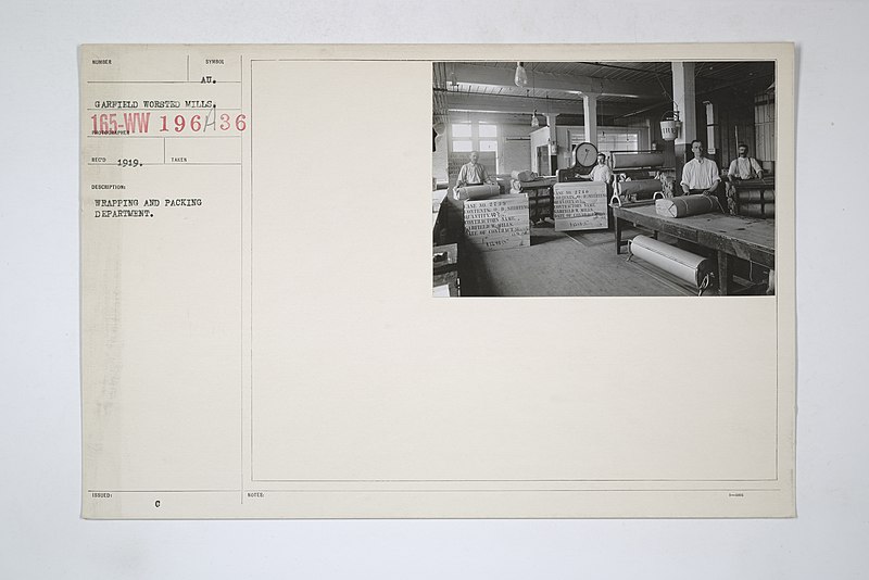 File:Industries of War - Cloth - Garfield Worsted Mills - WRAPPING AND PACKING DEPARTMENT - NARA - 31487672.jpg