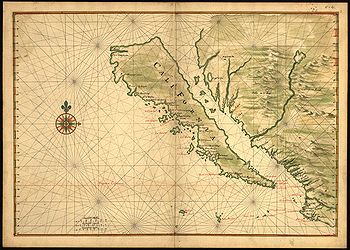 Mapa antiguo (aprox. 1650) representando a la Península de California como una isla.