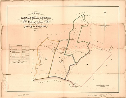 1858 map of Arnos Vale Estate, Saint Vincent, prepared as part of the auction. Island of St. Vincent, particulars of valuable freehold property - called the Arnos Vale Estate, containing 454 acres 3 roods, or thereabouts - situate in the Parish of St. George, in the Island LOC 2015587806-3.jpg