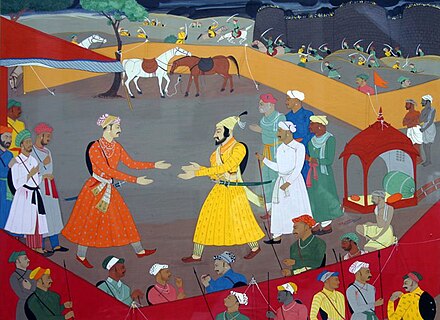 Jai Singh I of Amber receiving Shivaji a day before concluding the Treaty of Purandar (12 June 1665)