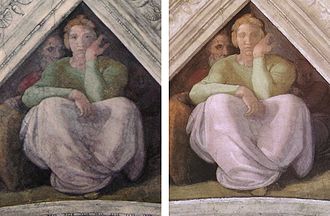 Losses of a sort which are deemed "travesties" by critics of the restoration. The Jesse spandrel, before and after restoration. The eyes are now missing, as they are in numerous other figures, particularly among the ancestors. Jesse spandrel beforeandafter.jpg