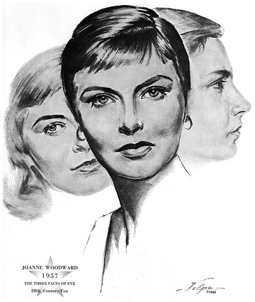Drawing of Woodward upon winning an Oscar for The Three Faces of Eve in 1957 by artist Nicholas Volpe
