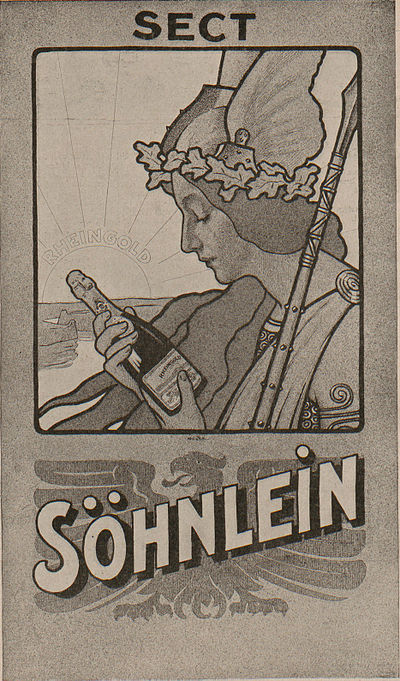 ゼーンライン社のスパークリングワイン「ラインゴルト」の瓶を検めるヴァルキュリャ（ユーゲントシュティール様式の広告、1901年）