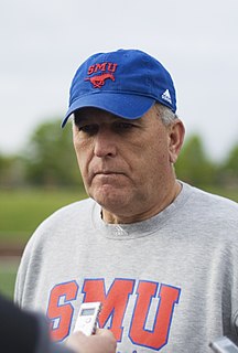 June Sheldon Jones III is an American football coach and former player who served as head coach and general manager of the Houston Roughnecks. Jones was the head football coach at the University of Hawaii at Manoa from 1999 to 2007 and was the head football coach at Southern Methodist University (SMU) from 2008 to 2014, before resigning on September 8, 2014. Previously, he coached in the National Football League (NFL): a three-year tenure as head coach of the Atlanta Falcons from 1994 to 1996 and a ten-game stint as interim head coach of the San Diego Chargers in 1998; he also spent 1½ seasons as head coach of the Hamilton Tiger-Cats in the Canadian Football League (CFL).