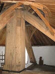 The main post with carved date 1716 at bottom Keston Mill main post.JPG