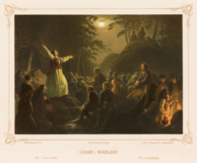 1855 depiction of a Lasare
(Reader) woman preaching in a conventicle. Lasare i Norrland.png