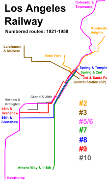 Geographic map; 5 is in magenta LARy numbered routes.svg