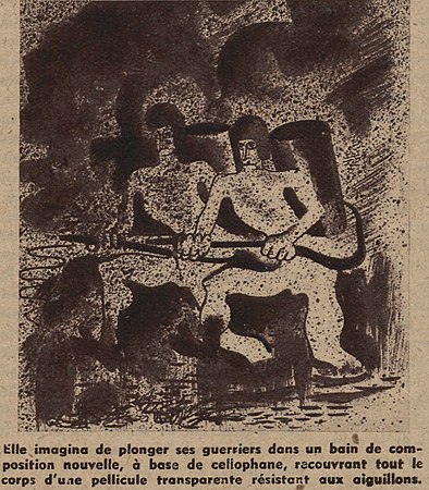dessin en noir et blanc représentant deux soldats armés de lances-flammes avançant dans un nuage de mouches