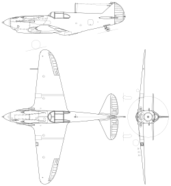 Lavochkin-Gorbunov-Gudkov LaGG-3 3-view line drawing.svg