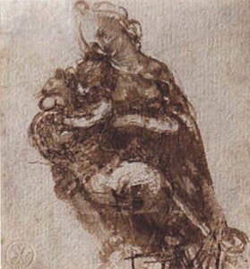 Dessin à l’encre brune de la Vierge Marie tenant sur ses genoux l’Enfant Jésus qui embrasse un chat.
