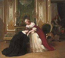 1838 French painting of a woman begging forgiveness from another. Louise-Adelaide Desnos - A royal meeting, 1838.jpg