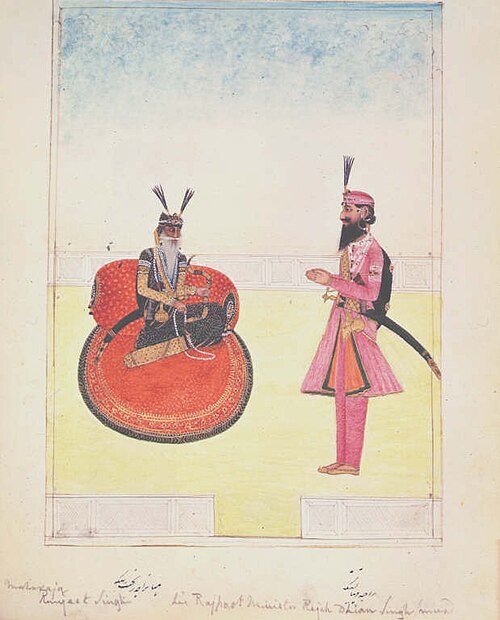 The emperor Maharaja Ranjit Singh, seated with his prime minister Raja Dhian Singh standing beside him in 1838.