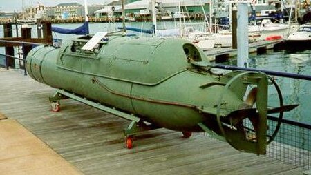 Italian Maiale human torpedo "Siluro San Bartolomeo" displayed at the Royal Navy Submarine Museum, Gosport, UK.