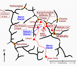 1955 map of Makalu, Kangchungtse and Chomo Lonzo