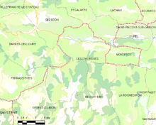 Mapa elementar mostrando os limites do município, municípios vizinhos, zonas de vegetação e estradas