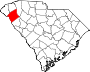 Harta statului South Carolina indicând comitatul Anderson