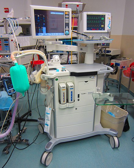 A typical anesthesia machine, which an anesthesiologist can use to store equipment, administer inhalational anesthetics, and properly ventilate an anesthetized patient.
