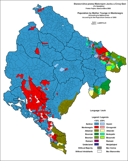 Linguistic structure of Montenegro by settlements, 2003. Red is Montenegrin, in contrast with blue, Serbian.