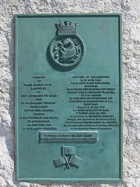 Monument commemorating the landing of Capt. Peter Churchill from HMS Unbroken at Cap d'Antibes on 21 April 1942
