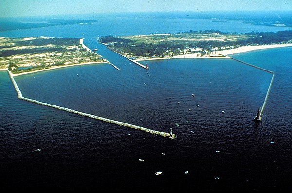 The entrance to Muskegon Lake from Lake Michigan