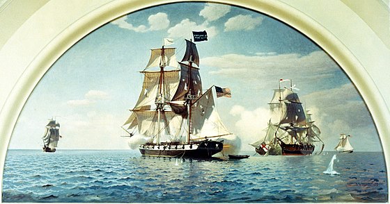 Mural: Battle of Lake Erie, 10 September 1813. (1959) by Charles Robert Patterson and Howard B. French, U.S. Naval Academy, Annapolis, Maryland. Niagara joins the battle. Detroit and Queen Charlotte at right.