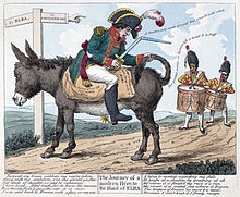 1814 caricature of Napoleon being exiled to Elba: the ex-emperor is riding a donkey backwards while holding a broken sword. Napoleon's exile to Elba3.jpg