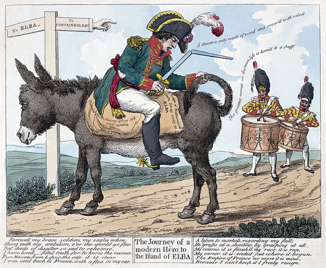 The journey of a modern hero, to the island of Elba. Print shows Napoleon seated backwards on a donkey on the road "to Elba" from Fontainebleau; he ho