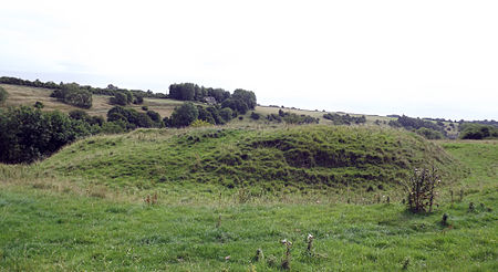 Surviving earthworks of the ringwork at Newington Bagpath in Gloucestershire Newington Bagpath Motte.jpg