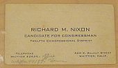 Business card for Richard Nixon as a congressional candidate, showing an address and phone numbers in Whittier