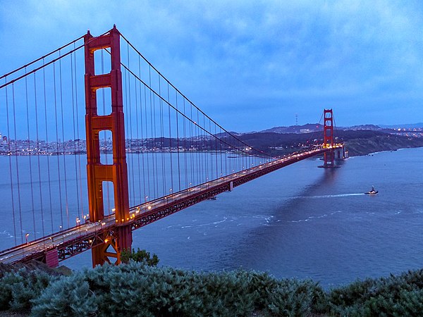 Golden Gate Bridge seen from the Marin Headlands at nightfall