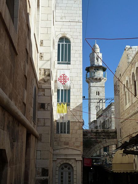 File:Old Jerusalem St Francis street flags and minaret.jpg