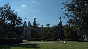 A view of Plant Park. Plant Hall is in the background, and the Sticks of Fire sculpture can be seen to the left Old Tampa Bay5.jpg