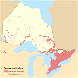 Verteilung der eingetragenen Gemeinden und nicht eingetragenen Gebiete Ontarios