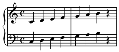 A simple grand staff. Each of the staves shown above has seven notes and one rest. Piano staff.png
