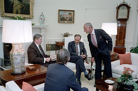 Murdoch (seated center right) and Roy Cohn meeting with President Ronald Reagan in the Oval Office in 1983