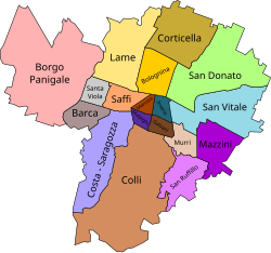 Mapa dzielnic Bolonii do 1985 roku;  Bolognina jest w intensywnie żółtym kolorze.