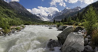 River flowing from Morteratsch Glacier, Graubünden, Switzerland, 2012 July.jpg