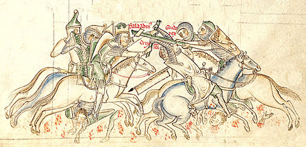 Saladin and Guy fight from a 13th-century manuscript of Matthew Paris's chronicle