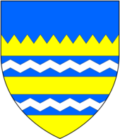 Arms of Sawbridge: Or, two bars azure each charged with a barrulet dancettee argent a chief indented of the second SawbridgeArms.png