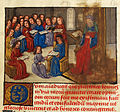 Folio 1r.: School, with Cato and his translator (seated below) instructing pupils.