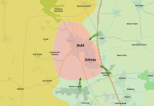 Map of the siege (Red: Syrian Arab Republic, Green: Syrian Opposition, Yellow: Kurdish forces) Siege of Nubl and Zahraa (2012-16).svg