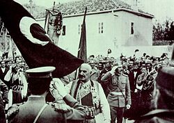 Nicholas accepts the surrender of Scutari, April 1913; Montenegro's major gain from the Balkan War, it was relinquished several months later. Skadar predaja zastave.jpg