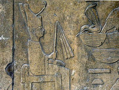 Detail of a relief showing Sneferu wearing the white robe of the Sed-festival, from his funerary temple of Dahshur and now on display at the Egyptian Museum