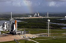 Atlantis (foreground) and Endeavour on LC-39A and LC-39B in 2008. Endeavour was slated to launch on the STS-400 rescue mission if Atlantis (STS-125) was unable to return safely to Earth. Space shuttles Atlantis (STS-125) and Endeavour (STS-400) on launch pads.jpg