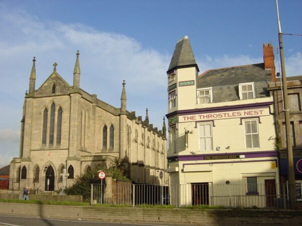 St Anthony's Church and The Throstles Nest public house, Scotland Road