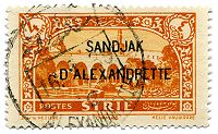 A 4-piastre Syrian postage stamps overprinted and issued in 1938 for the Sanjak of Alexandretta, cancelled sometime in 1939. Stamp Alexandretta 4pi.jpg