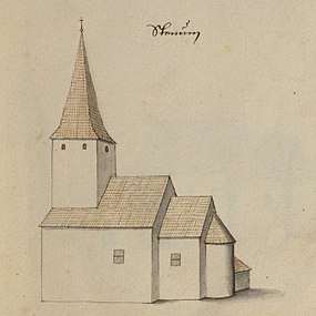 Den medeltida absidkyrkan på teckning omkring 1670. [5]